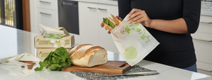 Compostable zip lock bag being used in a home kitchen