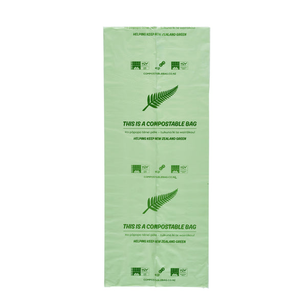 Home Compostable 35L Kitchen Bin Liner. Perfect for lining your home or business pull out kitchen bin. Product shot, bag out flat.