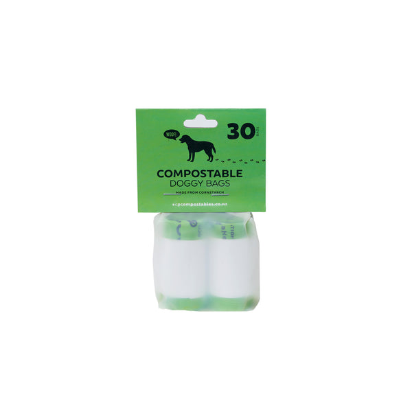 Compostable Doggie Poo Bags. Take these corn based doggie poo bags on your next doggie walk. A great alternative to plastic doggie poo bags. Picture of pack.