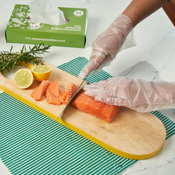 Medium Compost Gloves. Perfect for food prep in the kitchen or for cleaners wanting to reduce their plastic footprint. Picture of food prep in the kitchen using compostable gloves..