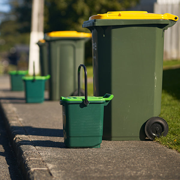 23L Kerbside Food Waste Collection Bin. ECP are the main supplier to councils. This picture shows the bins at the roadside waiting to be emptied for composting.